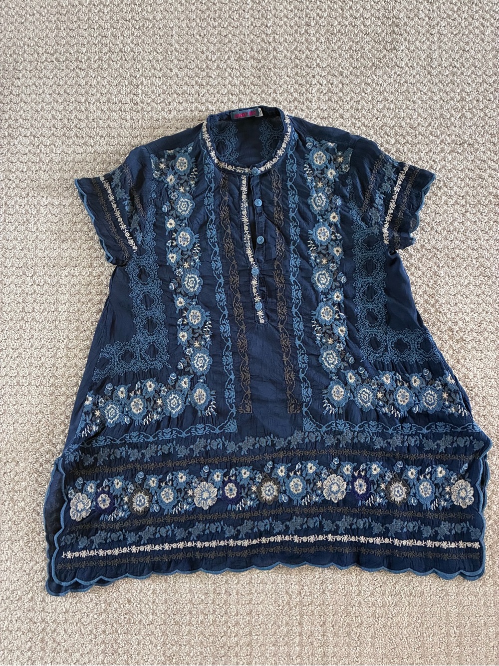 Johnny Was Navy Top with Embroidery and Red Label